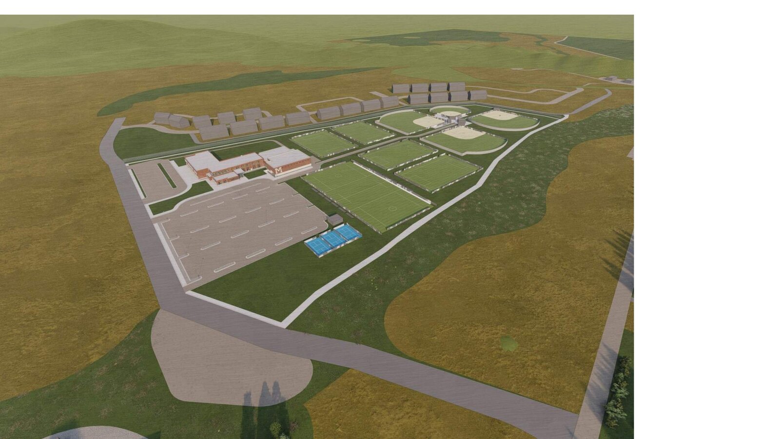 Wide aerial view showing site in neighborhood context