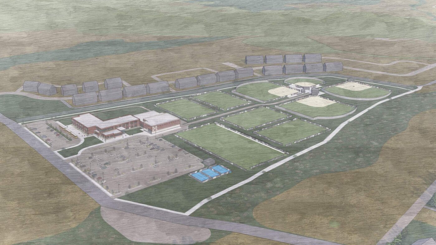 Aerial illustration of the elementary school and sports complex site