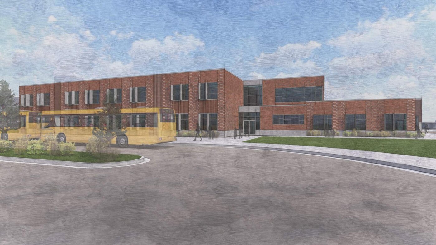 Sketch showing bus drop-off and rear building