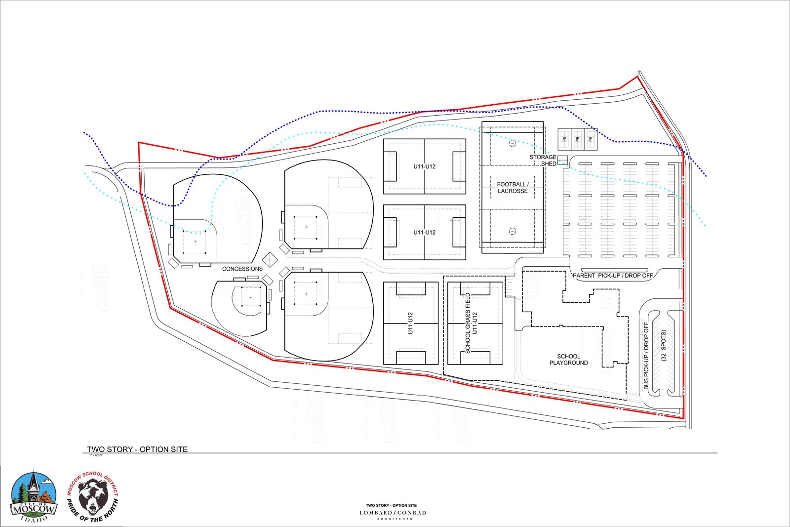 Site plan showing school building, parking, and adjacent sports fields