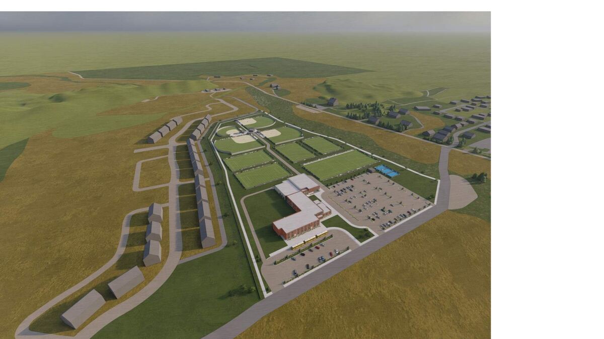 Wide aerial rendering showing the site in context of the surrounding neighborhood