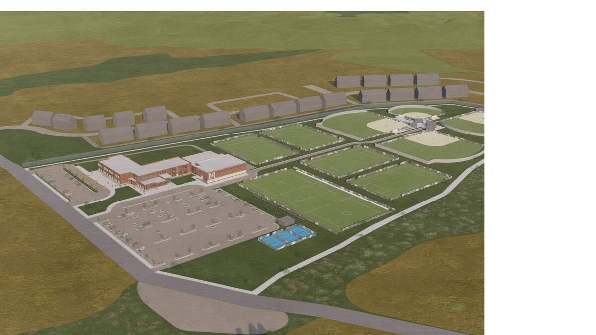 Aerial rendering of the school and sports complex site
