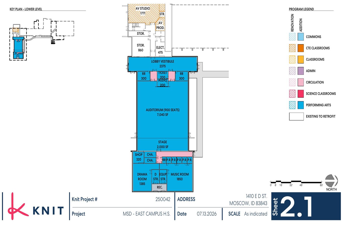 Floor plan of the proposed performing arts addition showing the 900-seat auditorium, stage, drama room, music room, and AV studio