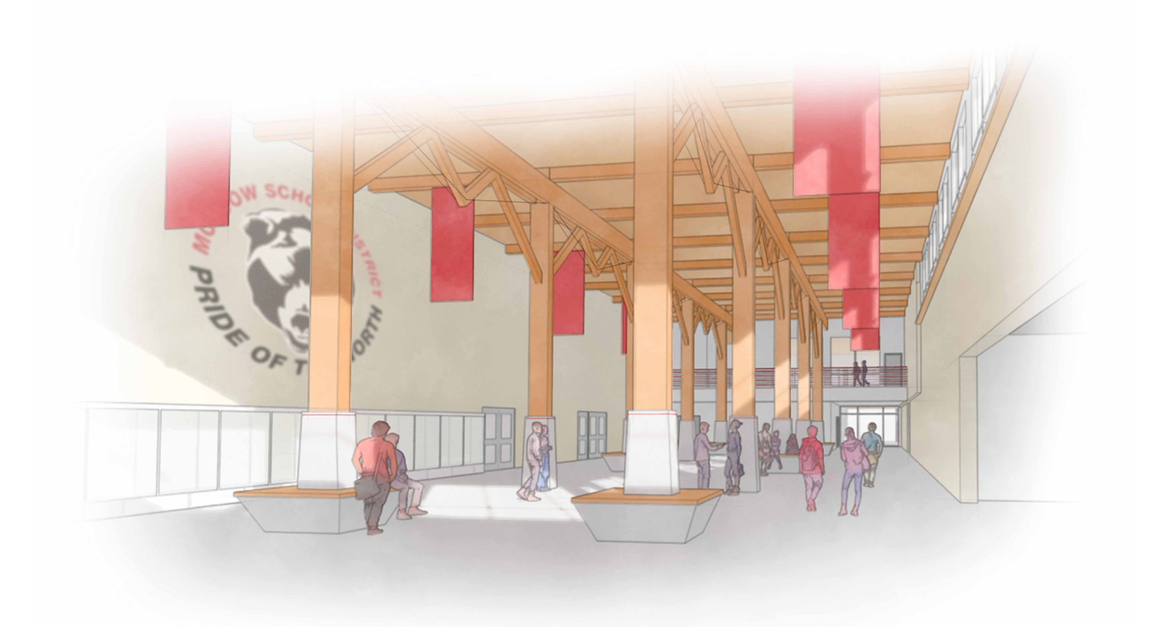 Interior rendering of the proposed Moscow Commons showing heavy timber construction, the Moscow School District bear seal on the wall, hanging banners, and students gathered in the open two-story space