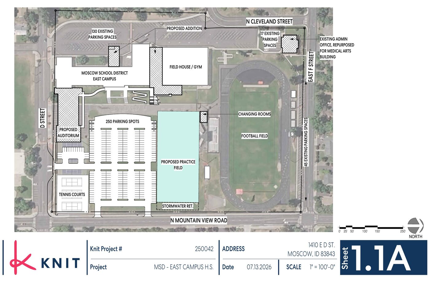 Proposed site plan showing parking, practice field, and athletic complex layout