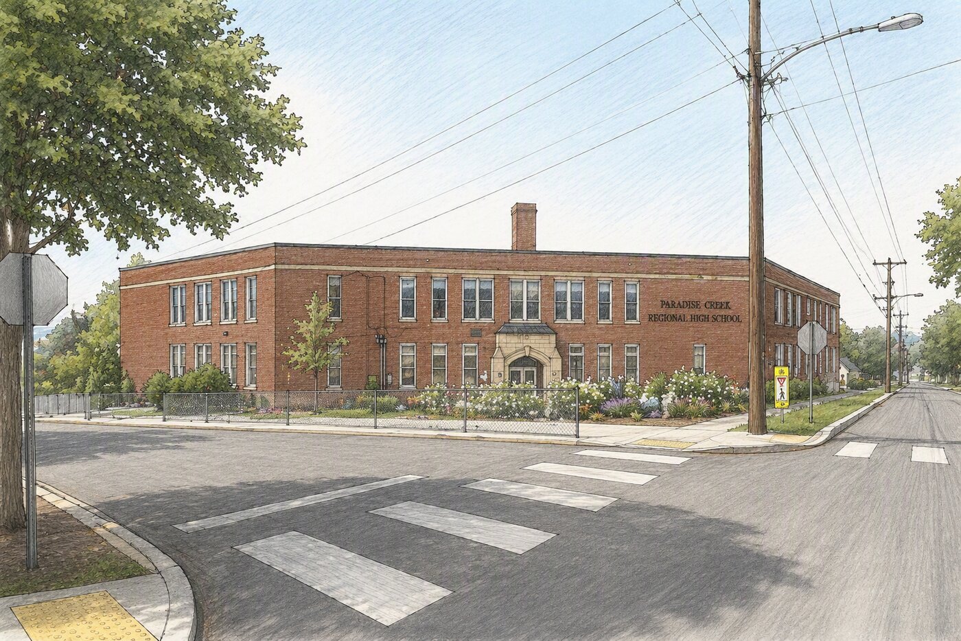 Illustrated rendering of the renovated Russell building as Future Paradise Creek Regional High School, street view