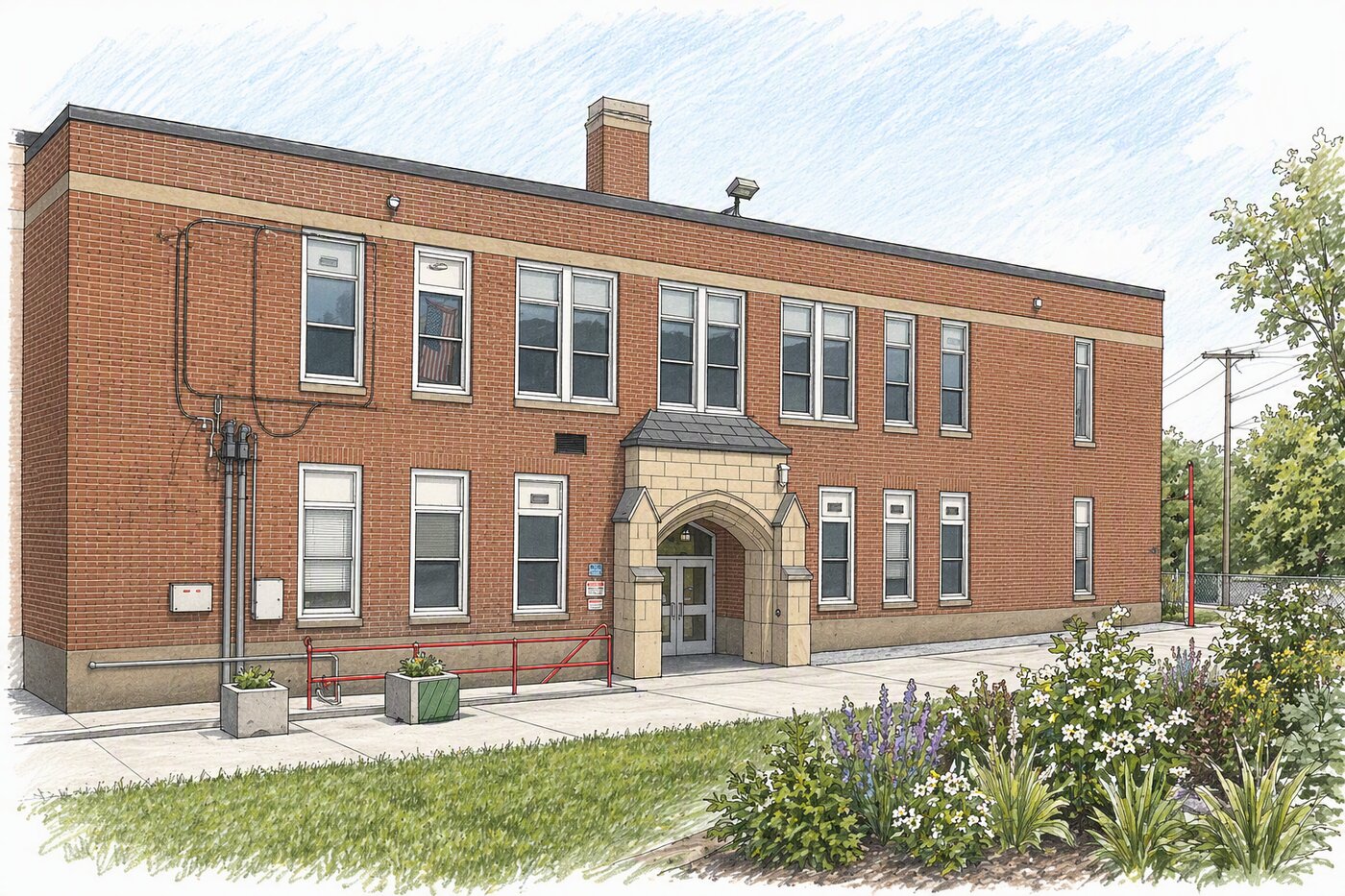Illustrated rendering of the Russell School building exterior